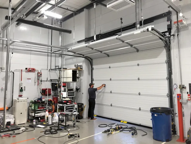 Fort Mill Garage Door Repair certified technician performing commercial door repair at a Fort Mill business facility