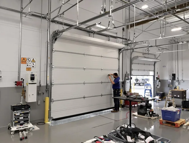 Commercial garage door repair being performed by Fort Mill Garage Door Repair expert in Fort Mill