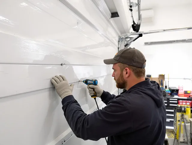 Fort Mill Garage Door Repair technician demonstrating precision dent removal techniques on a Fort Mill garage door