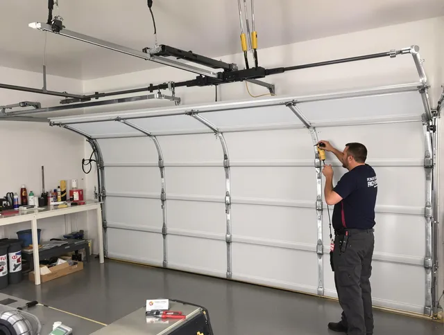 Fort Mill Garage Door Repair certified technician performing overhead door system repair in Fort Mill