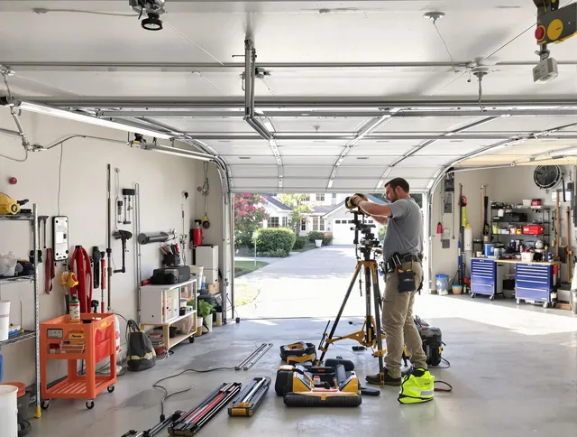 Fort Mill Garage Door Repair specialist performing laser-guided track alignment in Fort Mill